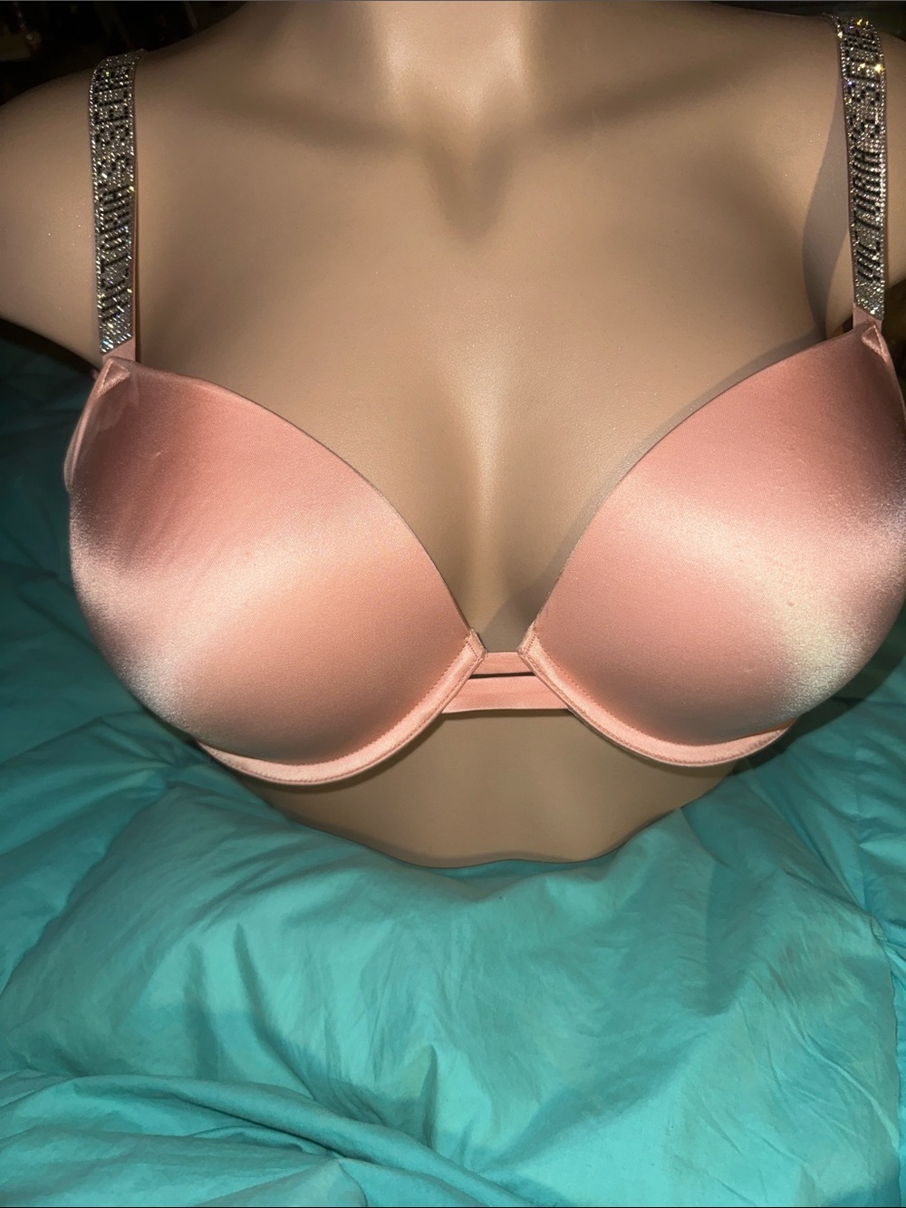 Victoria's Secret Peach Satin Push-Up Bra with Crystal Straps
